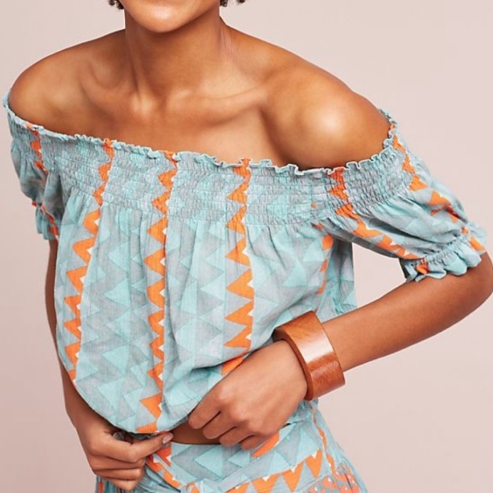 Anthropologie Off-Shoulder Crop Top in Aqua and Orange Geometric